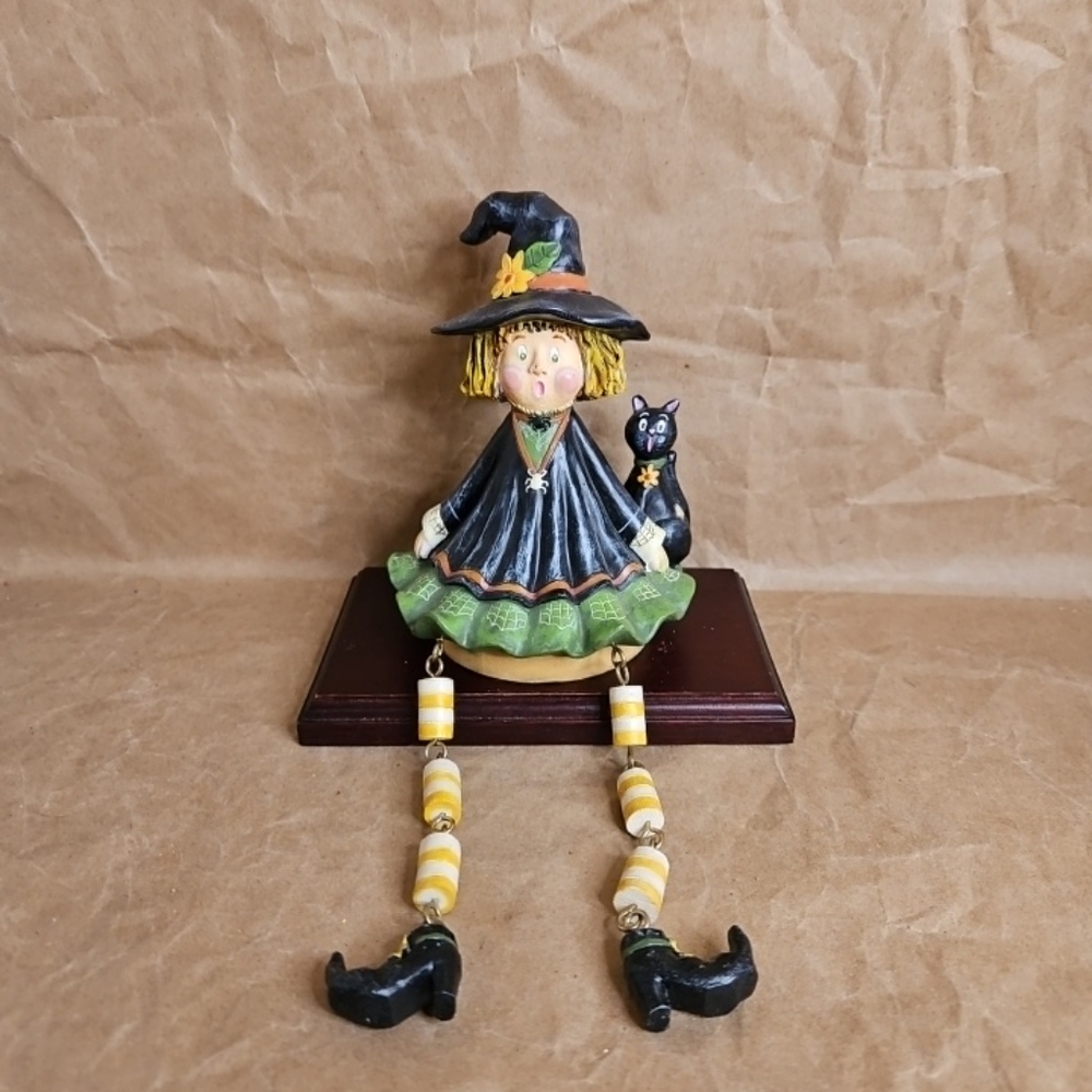 VTG Kathy Hatch Witch and Black Cat Shelf Sitter Candle Topper Halloween 5.5”
